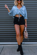 Mixiedress Long Sleeves Drawstring Hem Cropped Denim Shirt
