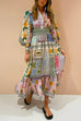 Mixiedress Puff Sleeves Smocked Waist Unique Printed Ruffle Maxi Dress