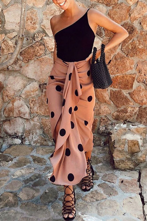 Mixiedress Drape Front Slit Ruched Polka Dot Skirts