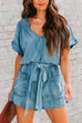 Mixiedress V Neck Short Sleeves Tie Waist Pockets Denim Romper