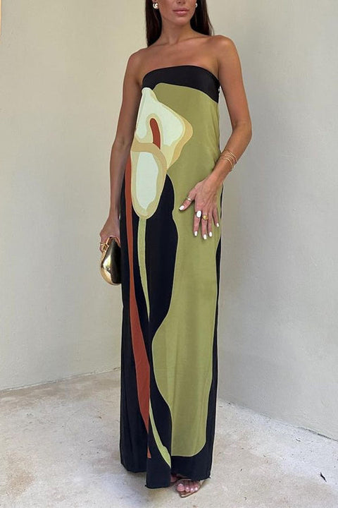 Strapless Color Block Printed Maxi Party Dress