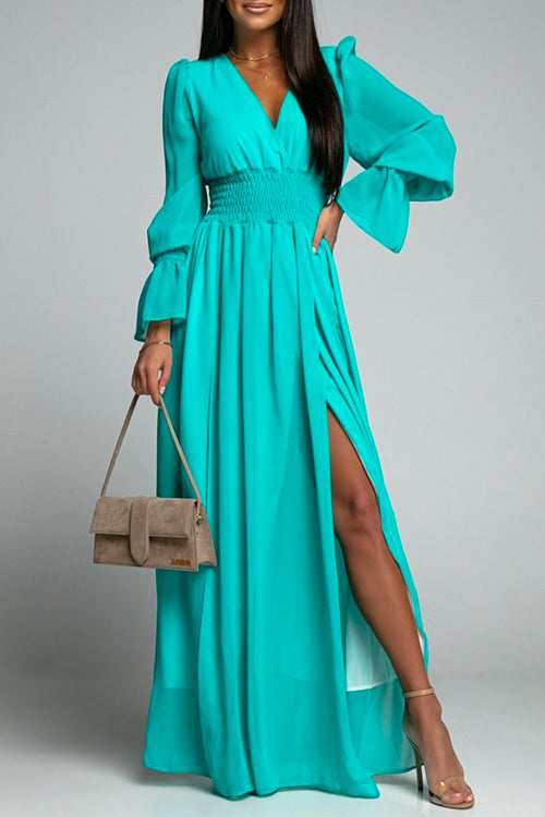 Mixiedress V Neck Long Sleeve Smocked Waist Maxi Slit Dress