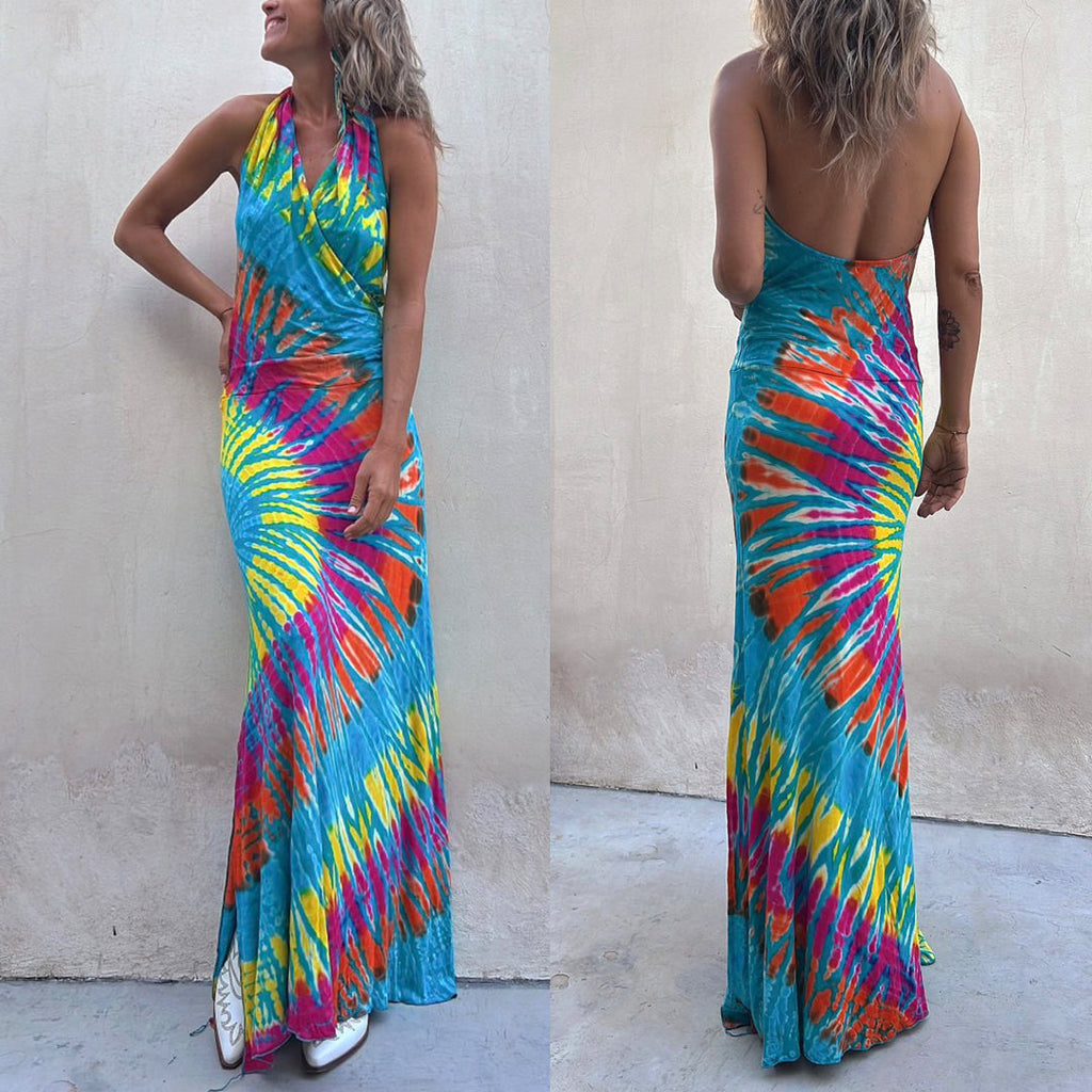 Mixiedress Sleeveless Halter Backless Maxi Tie Dye Dress