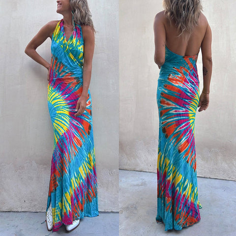Mixiedress Sleeveless Halter Backless Maxi Tie Dye Dress