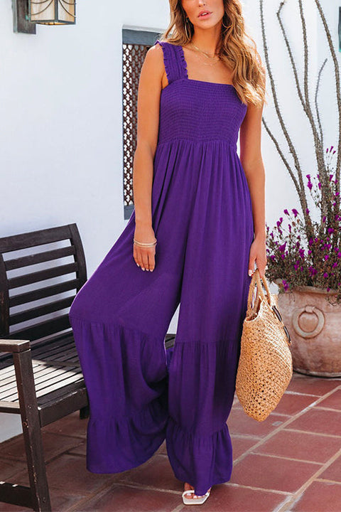 Mixiedress Wide Straps Smocked High Waist Ruffle Wide Leg Jumpsuit