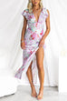 Deep V Neck Backless Slit Floral Print Satin Maxi Dress