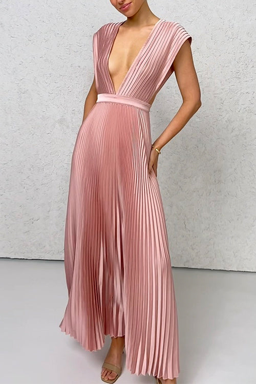 Deep V Neck Waisted Sleeveless Pleated Maxi Party Dress