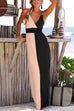 Mixiedress V Neck Waisted Color Block Maxi Cami Dress