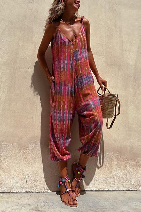 Mixiedress V Neck Tie Shoulder Pockets Tie Dye Cami Jumpsuit