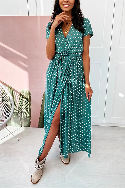 Mixiedress V Neck Tie Waist Polka Dot Maxi Wrapped Dress