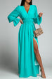 Mixiedress V Neck Long Sleeve Smocked Waist Maxi Slit Dress