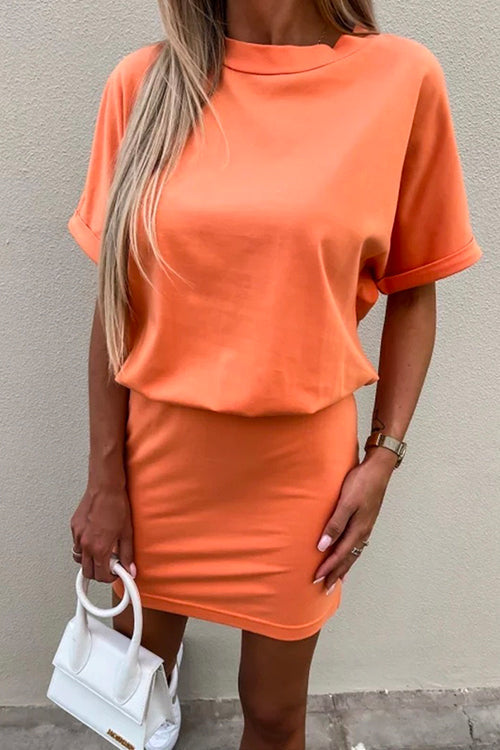 Mixiedress Crewneck Short Sleeve Waisted Solid Mini Dress