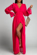 Mixiedress V Neck Long Sleeve Smocked Waist Maxi Slit Dress