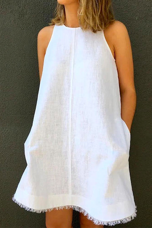 Mixiedress Raw Hem Pockets Sleeveless Cotton Linen A-line Dress