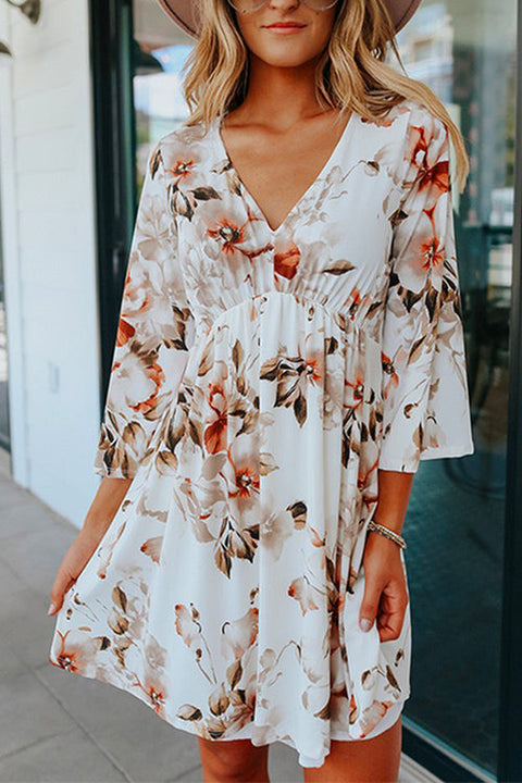 Mixiedress V Neck Bell Sleeves Printed Swing Dress