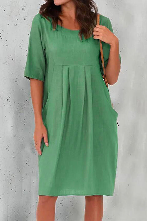 Mixiedress Half Sleeve Ruched Shift Cotton Linen Dress