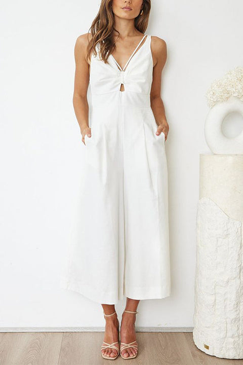 Mixiedress Ruched V Neck Cut Out Sleeveless Wide Leg Jumpsuit