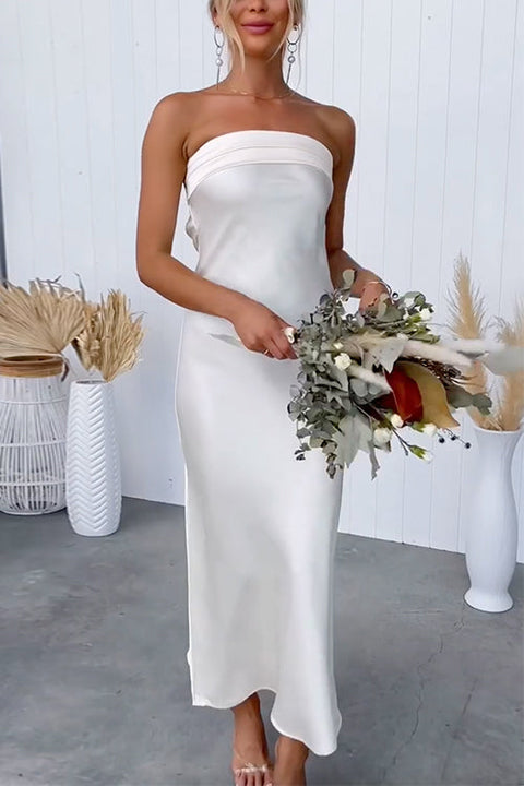 Mixiedress Backless Tube Top Solid Satin Maxi Party Dress