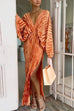 V Neck Bubble Sleeves Side Split Pleated Maxi Dress