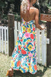 Mixiedress V Neck Spaghetti Strap Floral Printed Ruffle Swing Dress
