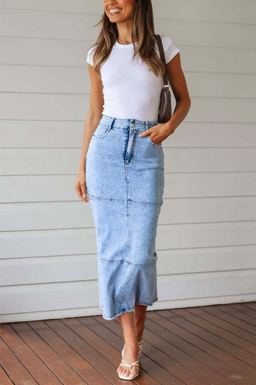 Mixiedress Back Slit Raw Hem Splice Midi Denim Skirt