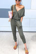 Mixiedress V Neck Short Sleeve Tie Waist Solid Jumpsuit