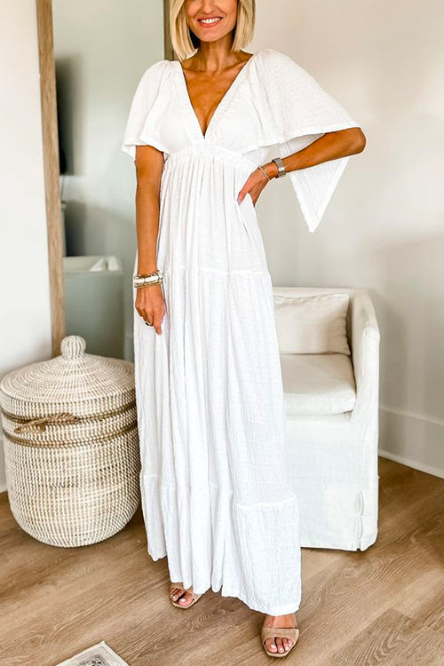 V Neck Flutter Sleeves Backless Ruffle Maxi Dress