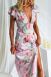 Deep V Neck Backless Slit Floral Print Satin Maxi Dress