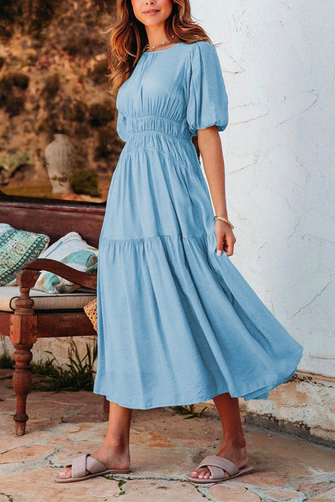 Mixiedress Crewneck Puff Sleeve Waisted Tiered Swing Dress
