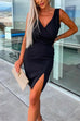 Mixiedress Sleeveless Cross V Neck Ruched Slit Pencil Dress