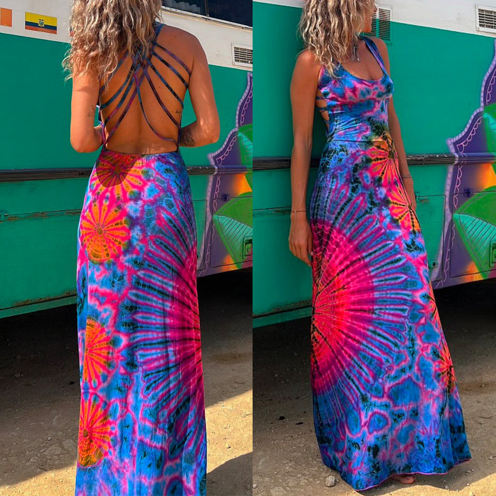 Mixiedress Criss Cross Backless Tie Dye Maxi Cami Dress