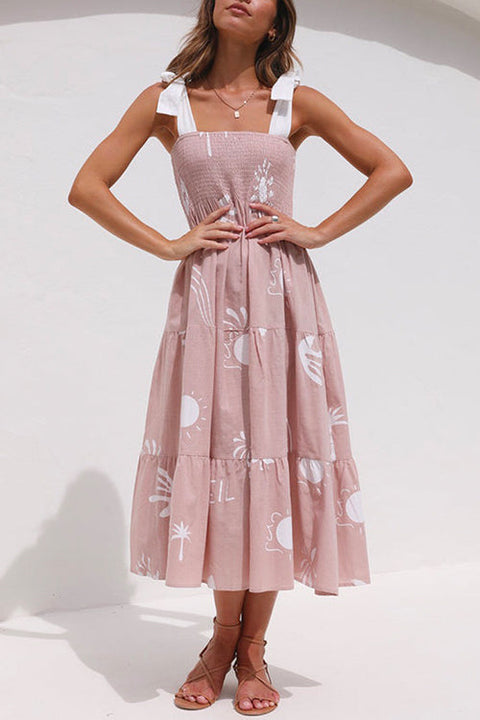 Mixiedress Bow Knot Shoulder Smocked Ruffle Tiered Printed Dress