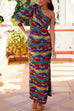 One Shoulder Puff Sleeve Side Split Rainbow Maxi Holiday Dress