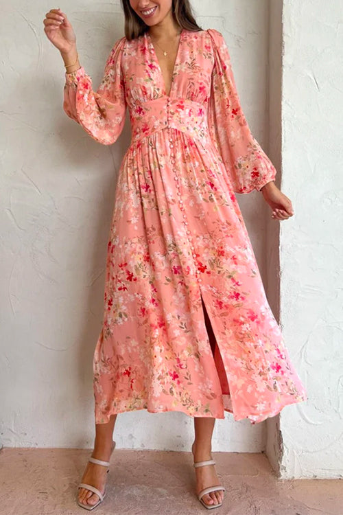 Mixiedress V Neck Button Up Waisted Floral Midi Swing Dress