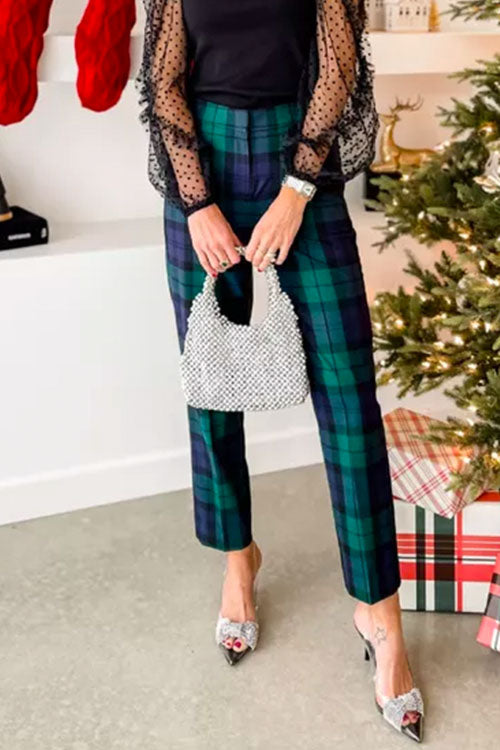 High Waist Straight Leg Ankle Work Plaid Pants