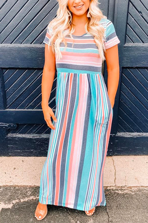 Mixiedress Color Block Stripes Waisted Maxi Dress