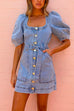 Puff Sleeves Pocketed Button Down Belted Denim Mini Dress