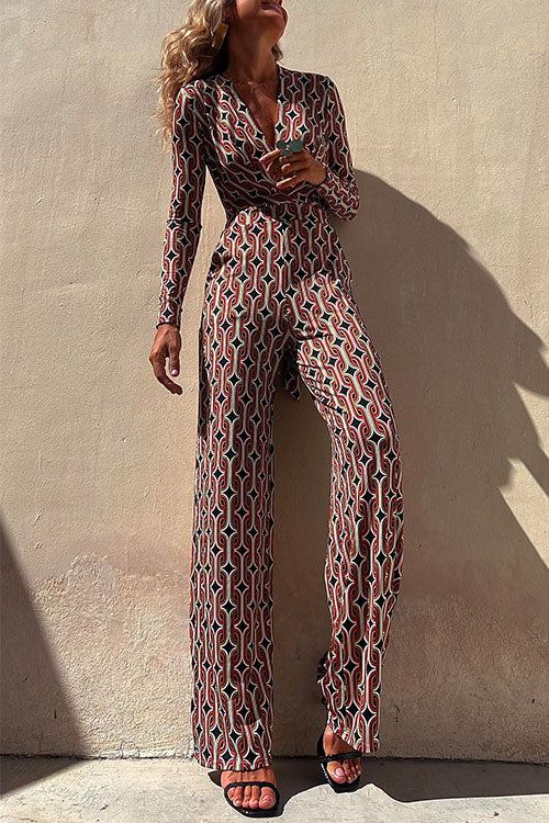 Chic V Neck Waisted Wide Leg Printed Jumpsuit