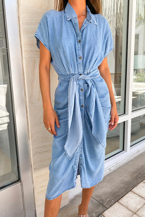 Mixiedress Button Down Short Sleeve Tie Waist Ruched Denim Dress