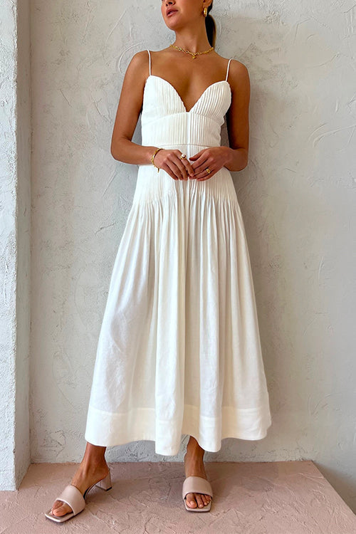 V Neck Backless Pintuck Swing Maxi Cami Dress