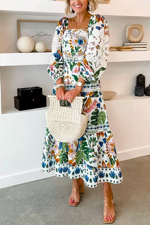 Square Collar Puff Sleeves Printed Midi Garden Party Dress
