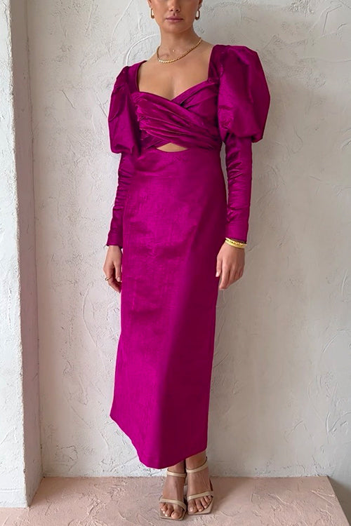 Cross Front Puff Sleeves Cut Out Velvet Midi Dress