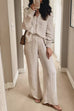 Casual Long Sleeves Button Down Blouse Shirt Wide Leg Pants Set