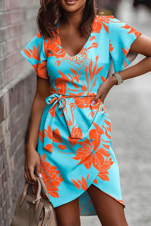 Mixiedress Scoop Neck Flare Sleeve Tie Waist Printed Dress