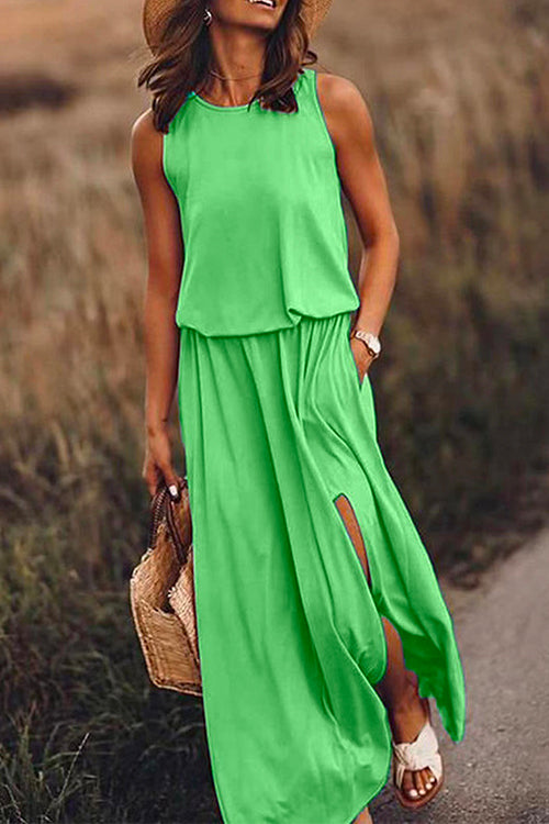 Mixiedress Sleeveless Waisted Slit Maxi Tank Dress