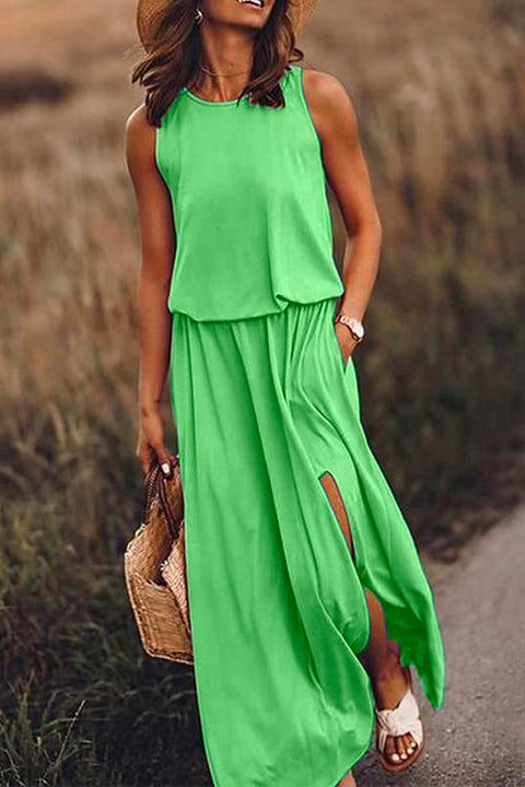 Mixiedress Sleeveless Waisted Slit Maxi Tank Dress