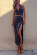 Mixiedress Deep V Neck Sleeveless Crop Top Drawstring Side Split Skirt Set