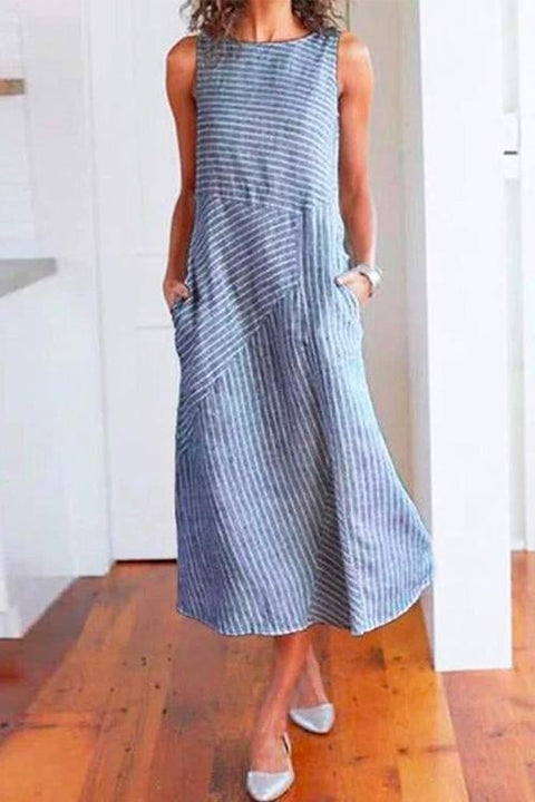 Mixiedress Crewneck Sleeveless Pockets Striped Dress