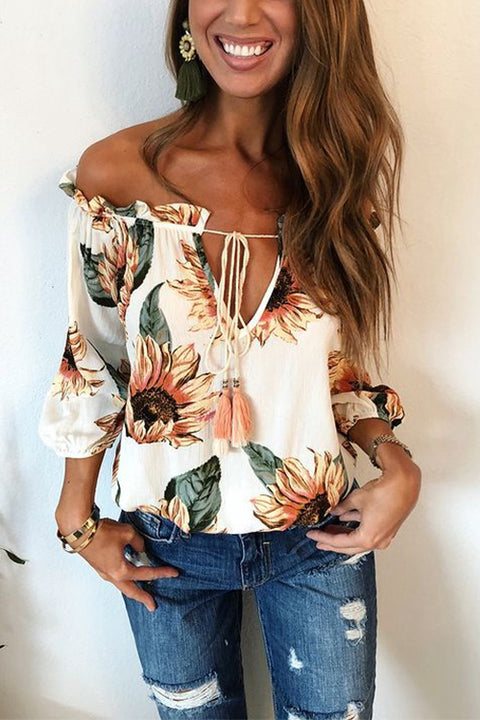 Mixiedress Ruffle V Neck Long Sleeve Printed T-Shirt