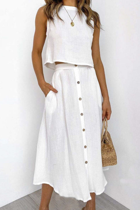Mixiedress Sleeveless Crop Top and High Waist Skirt Cotton Linen Set